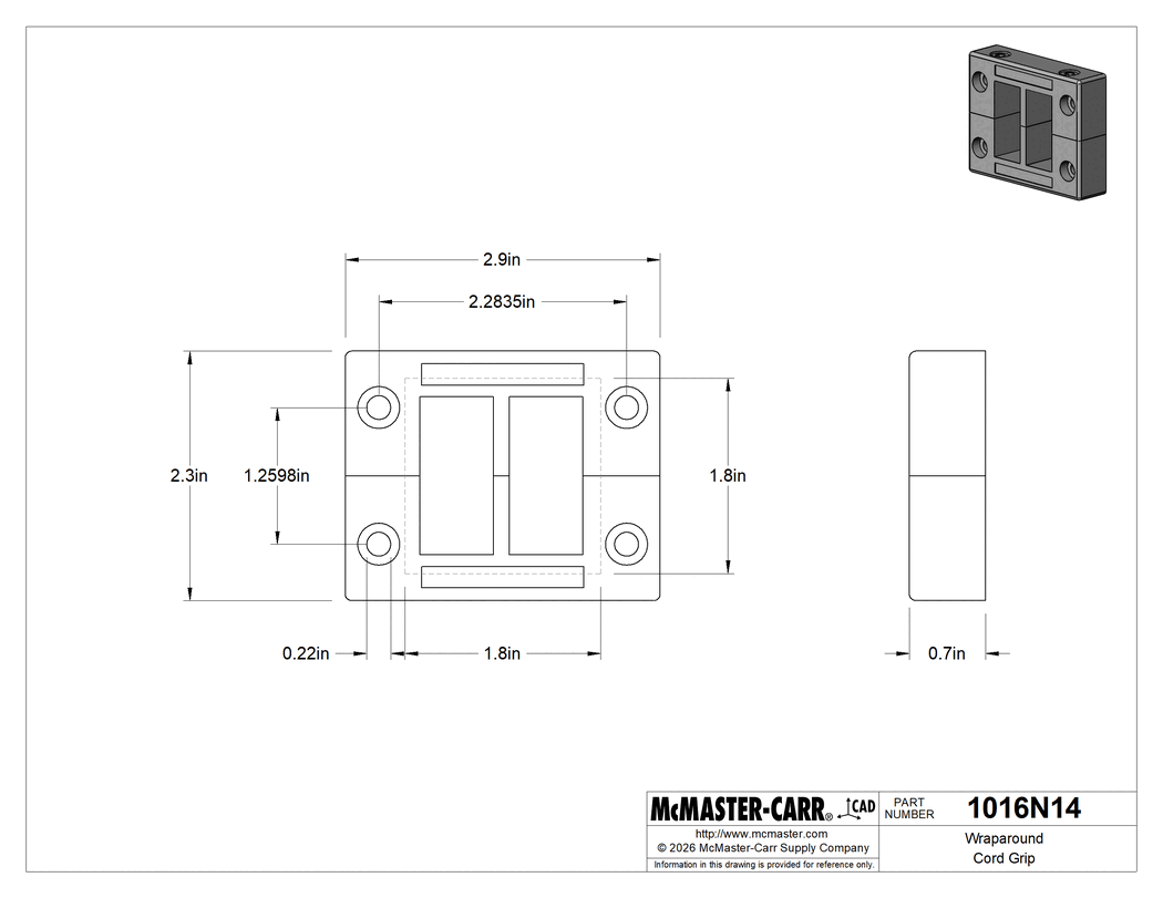 Technical Drawing of Wraparound Cord Grip, Surface-Mount Housing for 4 Small Inserts, 2.9" Long.